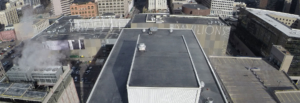 an overhead view of a large building's metal roofing