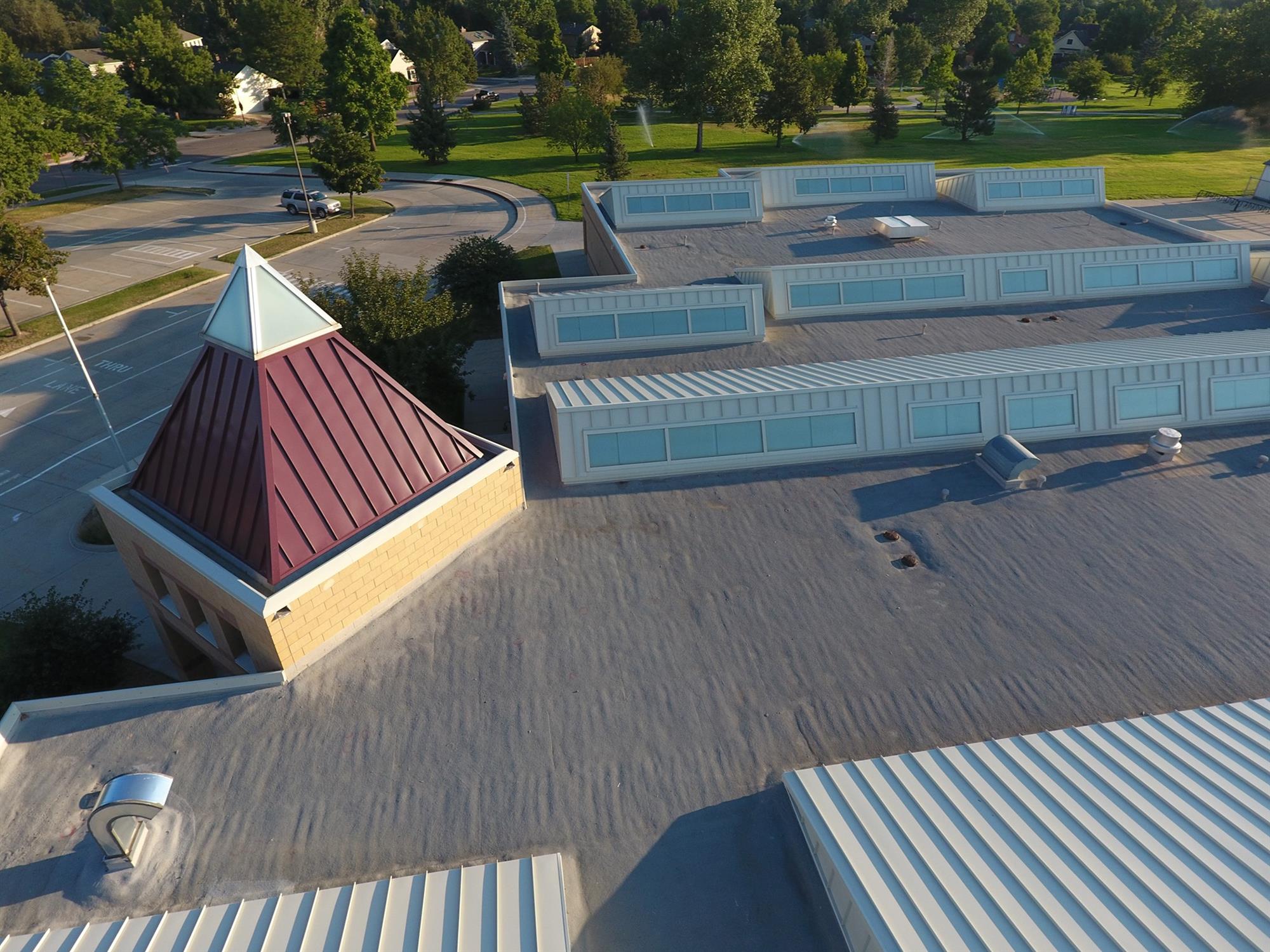 Aerial view of commercial rooftop replacement